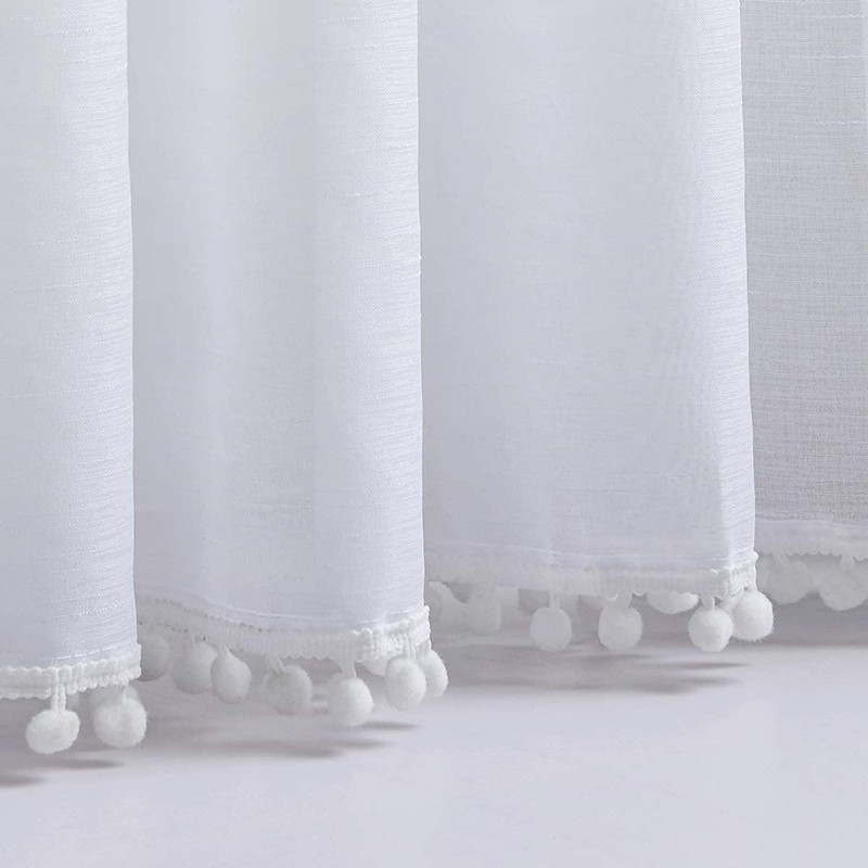 Pom-Pom Sheer White Curtains for Living Room 72" Drop Breathable