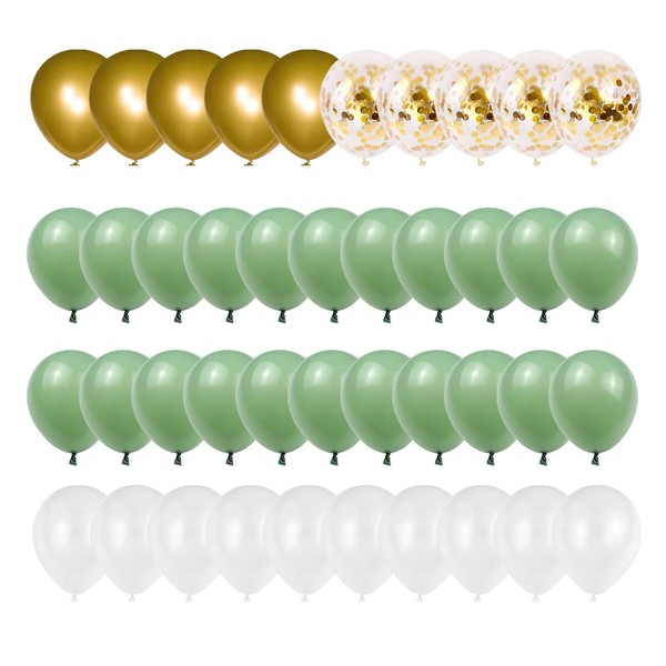 Sipeayan Pack of 50 Balloons, 30 cm, Avocado/Sage/Olive Green, Golden, White, Metallic Confetti Latex Helium Balloons, with Ribbon, for Wedding, Baby Shower, Birthday, Graduation Party Decoration