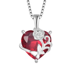YL Heart Necklace 925 Sterling Silver Pink Butterfly Pendant Chain 12 Birthstone Cubic Zirconia Necklace Jewellery Gifts for Women Mother Girlfriend, Silver, Ruby