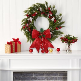 Sggvecsy 4 Pcs Christmas Glitter Red Bow Christmas Wreath Bows with Pinecones Red Berries Large Xmas Tree Ornaments Xmas Decoration Handmade Crafts for Home Outdoor Indoor Party (9.5 x 12 Inches)