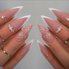 Christmas Press on Almond Nails-24Pcs French Artificial Fake Nails with Snowflake Pearl Designs Winter Xmas Glossy Full Cover Medium Acrylic False Nails Glue Stick on Fingernails for Women