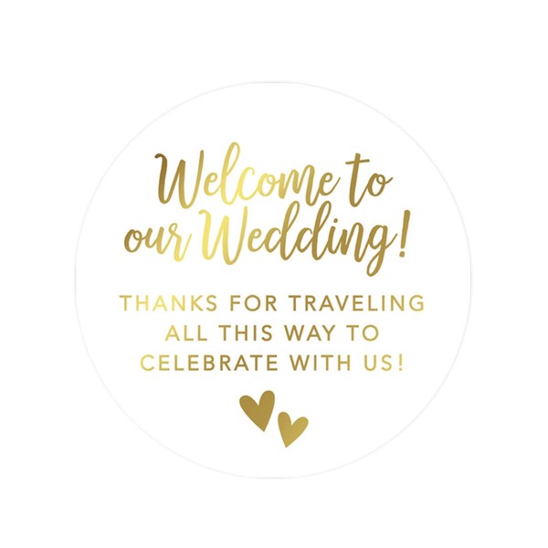 Andaz Press Out of Town Bags Round Circle Gift Labels Stickers, Welcome to Our Wedding Thanks for Traveling to Celebrate with Us, Metallic Gold, 40-Pack, for Destination OOT Gable Boxes