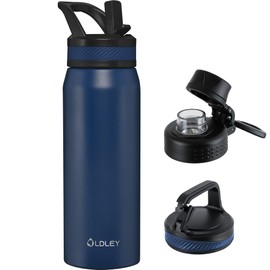 OLDLEY 24 oz Insulated Water Bottle With Straw, Stainless Steel Sports Water Cup Flask with 3 Lids(Straw, Spout and Handle Lid) Double Walled Travel Thermal Canteen Mug,Navy Blue