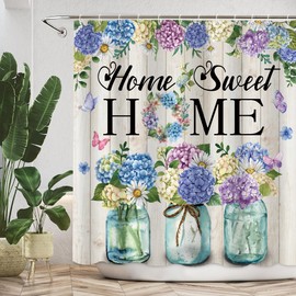 Farmhouse Shower Curtain,Blue Purple Hydrangea Floral Shower Curtain,Spring Hydrangea Flower Rustic Wood Home Sweet Home Bathroom Decor,Country Wooden Theme Decor Curtains with Hooks,72x72 in
