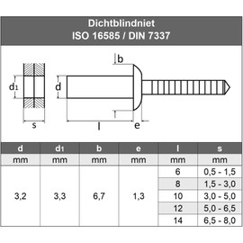 3.2 x 10 mm (Pack of 50) Sealing Blind Rivets with Flat Head, Waterproof, Stainless Steel VA A2 V2A, Blind Rivets, Pop Rivets, Rust-Proof DIN 7337, ISO 16585 AGBERG