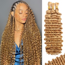 Human Braiding Hair for Boho Braids Human 110g 14 Inch Curly Boho Hair for Braiding Knotless 12A Deep Wave Bohemian 3 Bundles/Pack Caramel Honey Blonde