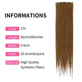 Dsoar 50 cm 20 Strands/Pack Synthetic Dreadlocks Extensions Thin 0.6 cm Crochet Braided Hair Soft Dreads Single Sided Dreadlocks Reggae Hip-Hop Hippie Style Light Brown