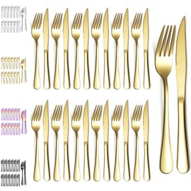 Evanda Gold Steak Knives Set 24 Piece, Gold Titanium Plating Stainless Steel 12 Dinner Forks and 12 Dinner Knives Set, Steak Knives Steak Forks, Dishwasher Safe