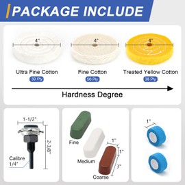 SCOTTCHEN 4inch Buffing Polishing Wheel with 1/4" Shank for Drill, 1/2" Arbor Hole,Soft/Fine/Medium -3pcs,with Buffing Polishing Cutting Compounds 7.4 Oz.Kit,with 2 Pack Non-Woven Bandage