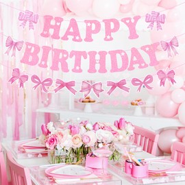 Gifloon Pre-Strung Pink Bow Birthday Decorations, Glitter Happy Birthday Banner for Coquette Birthday Decor