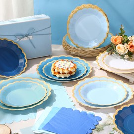 Zhehao 150 Pcs Blue Plates and Napkins Tableware Serves 50 Includes 9 Inch 7 Inch Blue Scalloped Edges Paper Plate and Napkins for Wedding Birthday Baby Shower Party