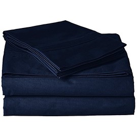 Tribeca Living California King Bed Sheet Set, Crisp and Smooth Cotton Percale Solid Sheets and Pillowcase Set, Extra Deep Pocket, 300 Thread Count, 4-Piece Luxury Bedding, Midnight Blue