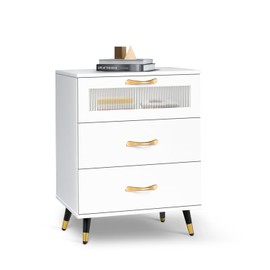 White Nightstand with 3 Drawers 21" Wood Bedside Table Large Night Stand with Glass Door, Gold Leg and Handle, Side Table Modern Nightstands for Bedroom
