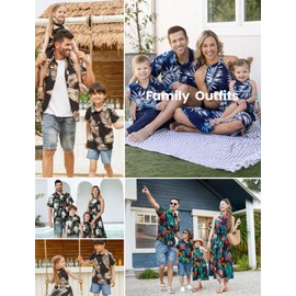 PATPAT Matching Family Hawaiian Outfits - Mommy and Me Hawaiian Dress Matching Set Tropical Palm Newborn Halter Neck Romper Navy Blue Baby Girl 9-12 Months