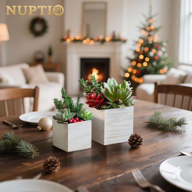 NUPTIO Wooden Box for Centerpiece Wedding: 12 Pcs Rustic Square
