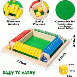 Shut The Box Dice Game,8 Dice 4 Players Wooden Board Table Math Skills Game with Drop it Game Instructions for Kids Adults Easy to Learn, Family and Friends Party (8 Inches Colorful)