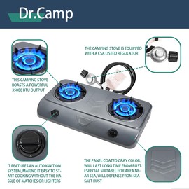 Dr.Camp 35000 BTU 2 Burner Propane Gas Stove Cooktop Outdoor Camping Stove Portable Double Burner for BBQ Boiling Frying Cooking Estufa de Gas Portátil Fogón de Gas