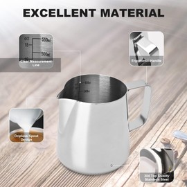 HYTTER Stainless Steel Milk Jug, Hands-Free Coffee, Milk Jug, Jug, Cup with Measurement Mark and Latte Art Pen, Milk Pitcher Carafes for (350 ml)