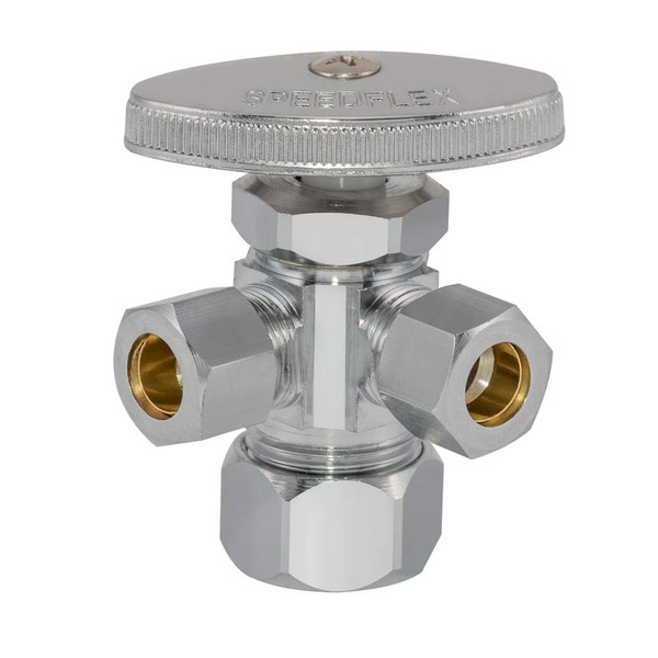 Eastman 3/8 Inch OD Compression x 3/8 Inch OD Compression x 5/8 Inch OD Compression (1/2 Inch Nom.) Multi-Turn Dual-Outlet Three-Way Stop Valve, Brass Plumbing Fitting, Chrome, 04353LF