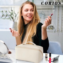 CORIOS Large Capacity Travel Cosmetic Bag Make Up Bag with Handle and Zipper Multifunction Waterproof Toiletry Bag PU Travel Organiser Bag Wash Bag for Women Ladies Girls White