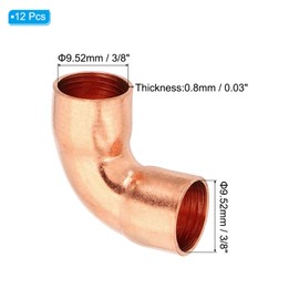 PATIKIL 3/8" ID 0.8mm Thick Elbow Copper Fitting, 12pcs 99.9% Pure Copper Pipe Fitting 90 Degree Short Radius Tube Connector Sweat Solder for HVAC Refrigeration System