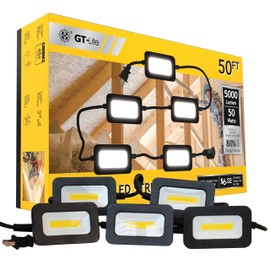 GT-Lite 50FT LED Work Light 50W 5000 Lumen Waterproof Construction String Lights Linkable for Jobsite Lighting, 5000k Daylight White, ETL Listed (5 Light Heads)