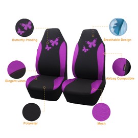 Flying Banner Breathable Mesh Car Seat Covers Colorful Butterfly Offset Printing Pattern Airbag Compatible Protector (2 Fronts, Purple)