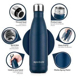 Apobob Stainless Steel Drinking Bottle, 500/750 ml, Refillable, BPA-free, Vacuum Insulated, Small Metal Water Bottle, 24 Hours Cold and 12 Hours Hot, for Work, Gym, Sports, Outdoor (Dark Blue, 500 ml)