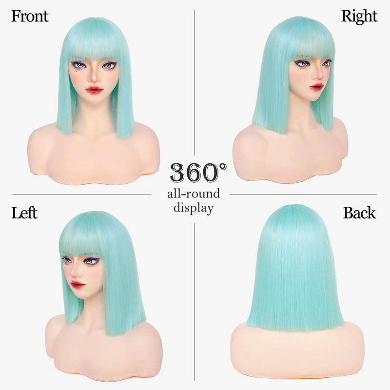 Mint Green Bob Wig with Bangs 13inShort Straight Green Wig