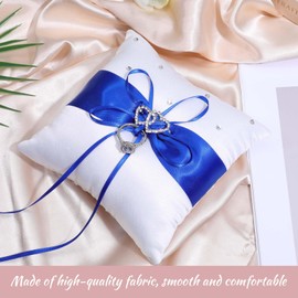 Ring Cushion Wedding Registry Office, Heart Rhinestones White Ring Cushion for Wedding, Ring Bearer Cushion Wedding Ring Cushion with Blue Beautiful Bowknot for Wedding Ceremony Proposal 14 x 14 cm