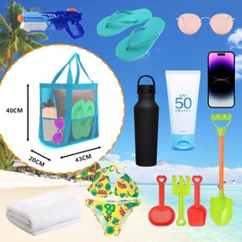 Beach Bag with Zip XXL Family Mesh Swimming Bag with Waterproof Bag Swimming Pool Bag Large Beach Bag Travel Bag Shopping Bag Handbag Sports Bag for Men and Women, light blue, XXL