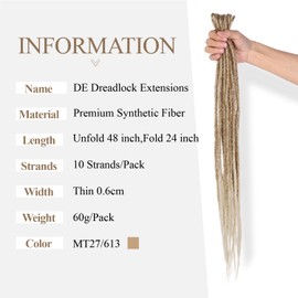 Hanne Fashion Double Ended Dreadlock Extensions 24 Inch 10 Strands DE Dreadlock Boho Style Crochet Braiding Hair Extensions Brown to Blonde Dreadlock Extensions for Women (MT27/613)