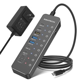 RSHTECH 10-Port Powered USB C Hub 66W with 3x10Gbps USB-3.2 Data Ports (2C + 1A), 4 USB 3.0 Ports (2C + 2A), 2 USB-C PD 45W Charging Ports and PD 100W, USB Expander Splitter for Laptop, RSH-ST10P