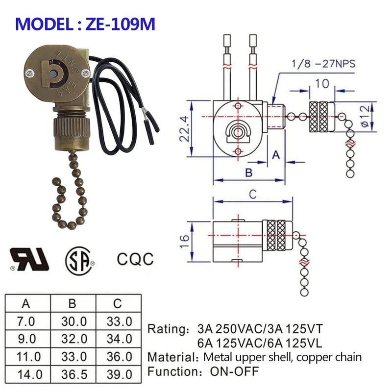 Ceiling Fan Light Switch ZE-109m Metal Pull Chain Switch,Two Wire