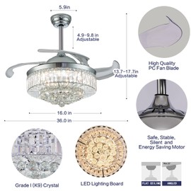 PAFRUMGE 48" Dimmable Fandelier Crystal Ceiling Fans with Lights and Remote, Modern Chandelier Ceiling Fan with Invisible Retractable Blades for Bedroom Living Room Polished Chrome