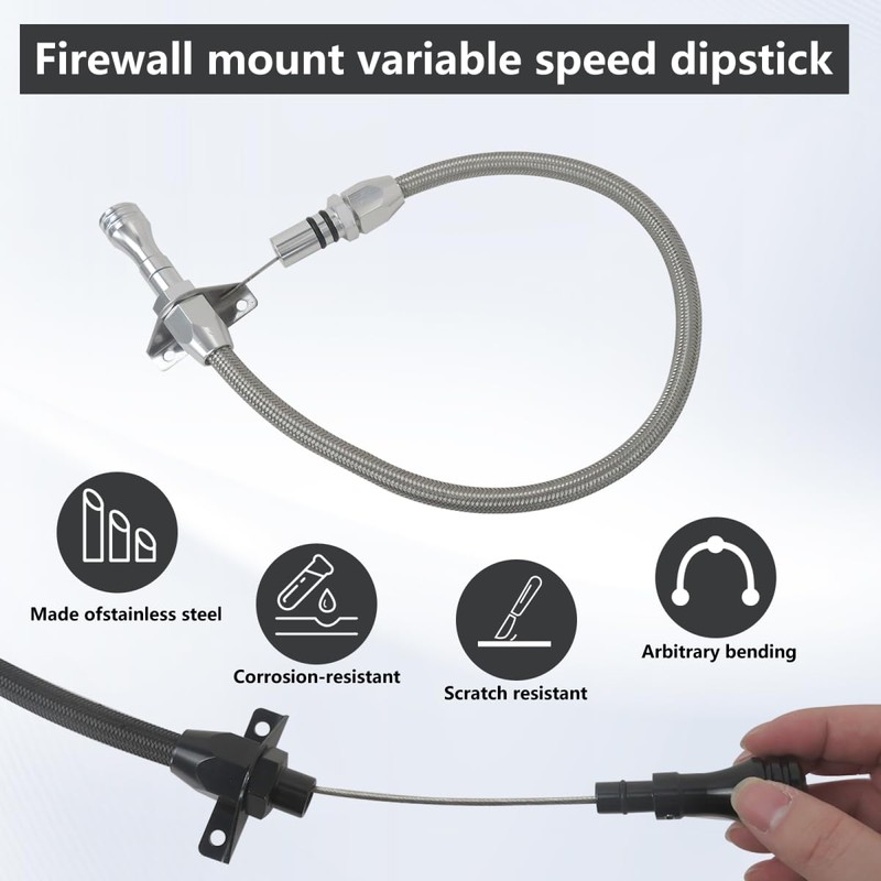 HaeKap Silver Firewall Mounted Flex Transmission Dipstick-Stainless Braided Hose Replacement