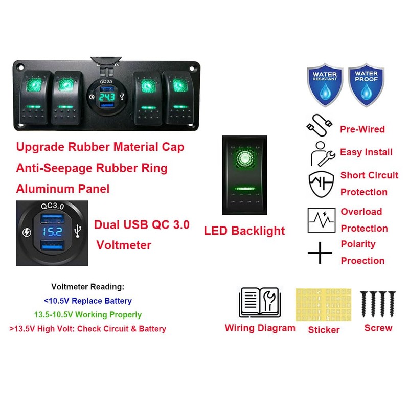 4 Gang Rocker Switch Panel ON Off Switch USB QC