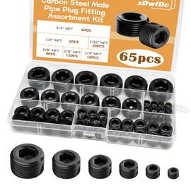 zDwfDc 65PCS 6 Size Black Carbon Steel NPT Pipe Fittings, 1/16" 1/8" 1/4" 3/8" 1/2" 3/4" Pipe Plug Socket Set DD032-65