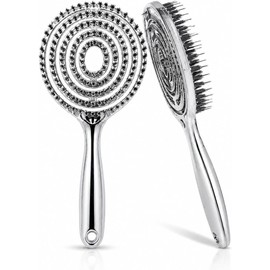 Cepillo para Cabello con Cerdas de Jabalí y Nailon, Cepillo Antifrizz con Diseño Ventilado 360°, Desenredante para Cabello Lacio, Rizado u Ondulado, Reduce Frizz, Secado Rápido, Masaje Capilar, Plata
