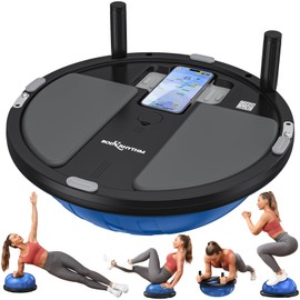 BODYRHYTHM 2 IN 1 Balance Ball & Plank Board Trainer with Free iOS/Android App & 4 Free Games for Full Body Workout - Half Exercise Yoga Ball Trainer with 2 Bands & Pump for Strength Training (Blue)