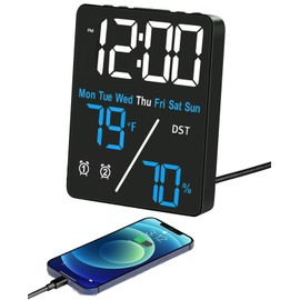 Digital LED Alarm Clock with Thermo-Hygrometer,Dual Alarms,Snooze,Date & Year Display,12/24 Hour Switch,Weekdays,DST,Auto Dimmable with 3 Brightness Levels,USB Output (5V1A) (White+Blue Digits)