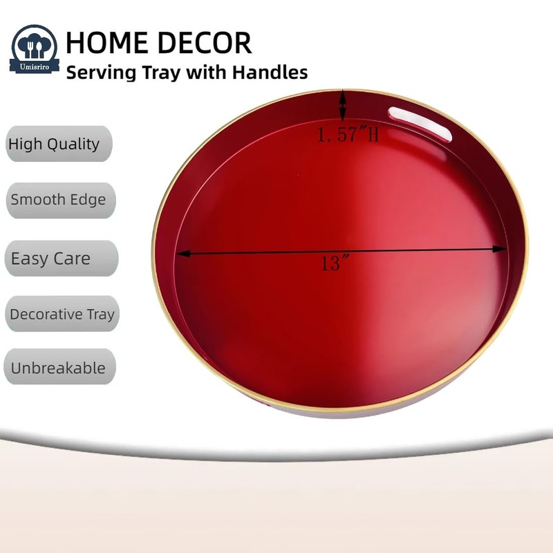 Umisriro 13" Round Decorative Tray, Red Serving Tray with Handles,
