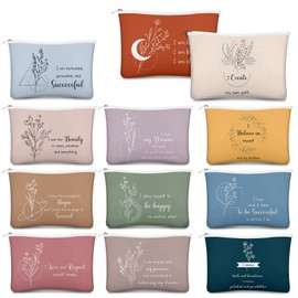 Kacctyen 24 Pcs Positive Affirmation Gift Set 12 Inspirational Canvas Makeup Bags 12 Daily Affirmations Mirrors Bulk Employee Appreciation Gifts for Women Stress Relief Self Care Gift (Morandi)