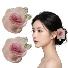 WENJESO Pink Tulle Rose Flower Hair Clip Side Clip Women's Resort INS Style Hair Accessories