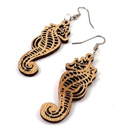 Seahorse Earrings made of Sustainable Oak Wood Hook Dangle Drop Earrings