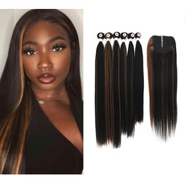 Yaki Straight Synthetic Hair 6 Bundles with Easy Closure Heat Reasistant High Temperature Synthetic Hair Fiber 7pcs for A Full Head Black Mixed Brown 14 16 18inch Highlight Bundles