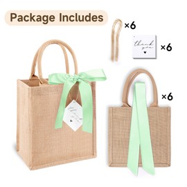 6 Pack Burlap Tote Bags with Handles Reusable Small Jute Gift Bags with Light Green Silk Ribbons Waterproof Lining for Wedding Bridesmaid Mother's Day Bachelorette Beach Party