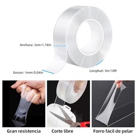 LSXD Cinta Doble Cara Extrafuerte, 3 Rollos 5M Nano Tape con Tijera, Adhesivos Doble Cara Transparente, Reutilizable y Lavable, Ideal para Pared, Coci