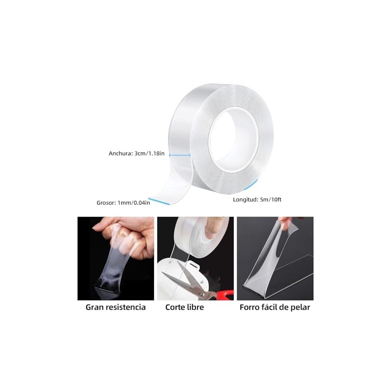 LSXD Cinta Doble Cara Extrafuerte, 3 Rollos 5M Nano Tape