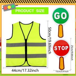 6 Pcs Kids Crossing Guard Set Include 3 Pcs Handle Stop and Go Sign 3 Pcs Police Traffic Vest for Children Red Green Light Sign Teaching Traffic Safety Traffic Theme Party Decor
